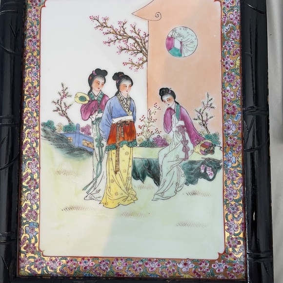 Vintage Chinese Famille Rose Porcelain Plaque In Bamboo Style Designed Frame - Picture 4 of 9